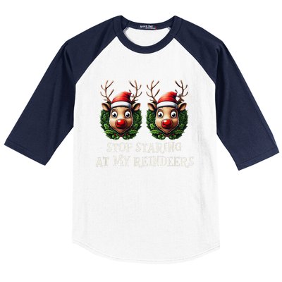 Funny Stop Staring At My Reindeers Boobs Ugly Gag Xmas Baseball Sleeve Shirt