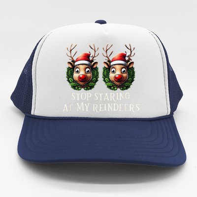 Funny Stop Staring At My Reindeers Boobs Ugly Gag Xmas Trucker Hat