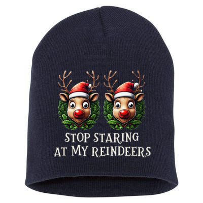 Funny Stop Staring At My Reindeers Boobs Ugly Gag Xmas Short Acrylic Beanie