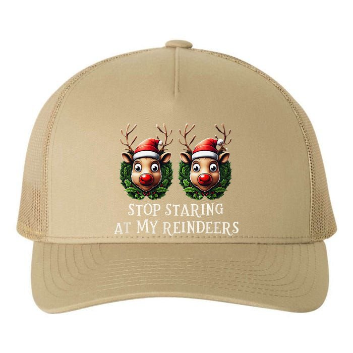 Funny Stop Staring At My Reindeers Boobs Ugly Gag Xmas Yupoong Adult 5-Panel Trucker Hat