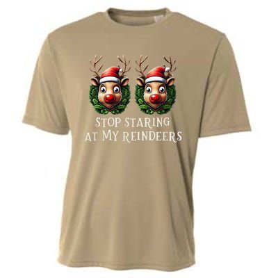 Funny Stop Staring At My Reindeers Boobs Ugly Gag Xmas Cooling Performance Crew T-Shirt