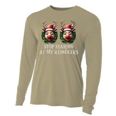 Funny Stop Staring At My Reindeers Boobs Ugly Gag Xmas Cooling Performance Long Sleeve Crew