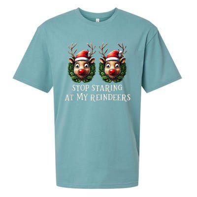 Funny Stop Staring At My Reindeers Boobs Ugly Gag Xmas Sueded Cloud Jersey T-Shirt