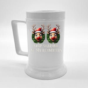 Funny Stop Staring At My Reindeers Boobs Ugly Gag Xmas Beer Stein