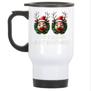 Funny Stop Staring At My Reindeers Boobs Ugly Gag Xmas Stainless Steel Travel Mug