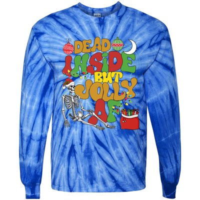 Funny Santa Skeleton Dead Inside But Jolly Af Xmas Outfit Gift Tie-Dye Long Sleeve Shirt