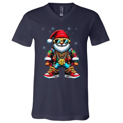 Funny Santa Sunglasses And Wear A Gold Necklace Christmas V-Neck T-Shirt