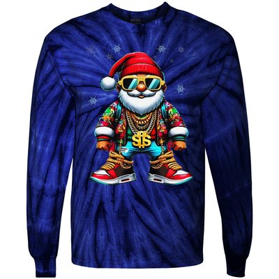 Funny Santa Sunglasses And Wear A Gold Necklace Christmas Tie-Dye Long Sleeve Shirt