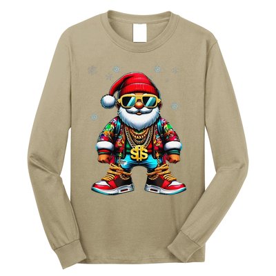 Funny Santa Sunglasses And Wear A Gold Necklace Christmas Long Sleeve Shirt