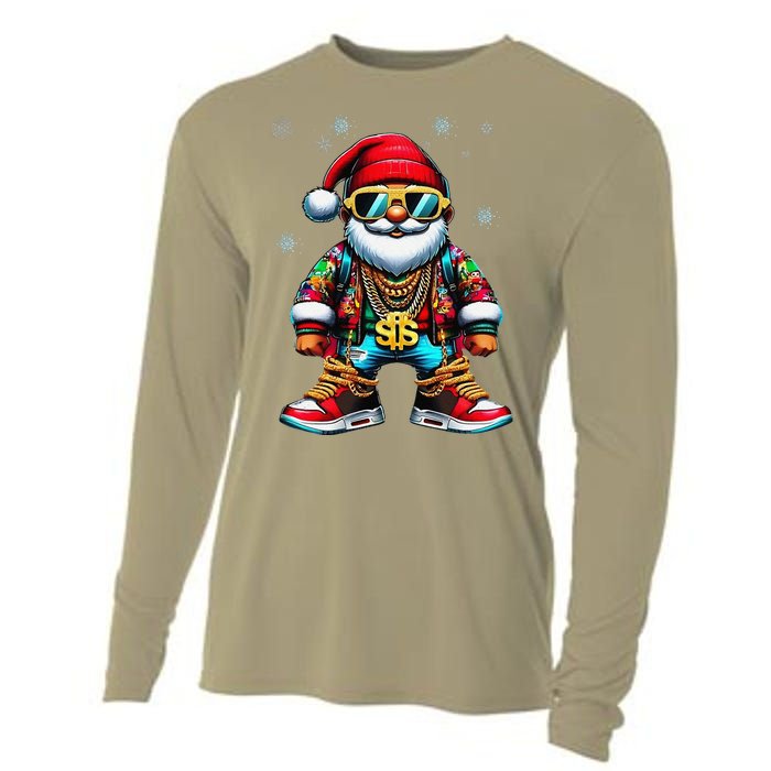 Funny Santa Sunglasses And Wear A Gold Necklace Christmas Cooling Performance Long Sleeve Crew