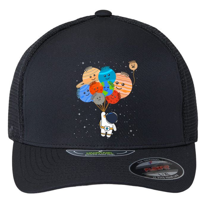 Funny Solar System Astronaut Holding Planet Balloons Pluto Flexfit Unipanel Trucker Cap