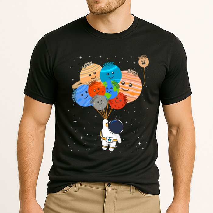 Funny Solar System Astronaut Holding Planet Balloons Pluto Cooling Performance Crew T-Shirt