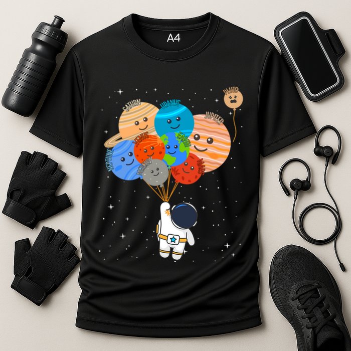 Funny Solar System Astronaut Holding Planet Balloons Pluto Cooling Performance Crew T-Shirt