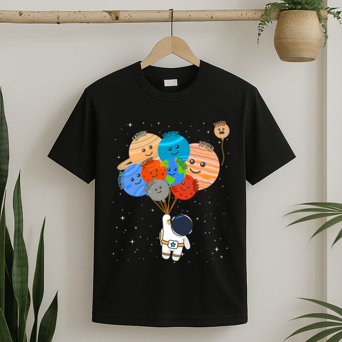 Funny Solar System Astronaut Holding Planet Balloons Pluto T-Shirt