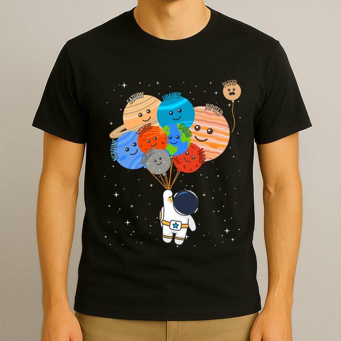 Funny Solar System Astronaut Holding Planet Balloons Pluto T-Shirt