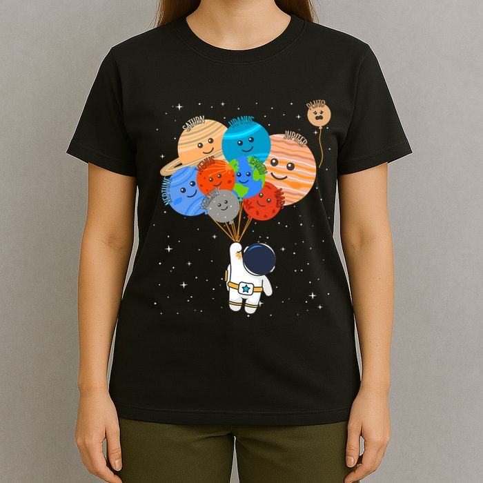 Funny Solar System Astronaut Holding Planet Balloons Pluto T-Shirt