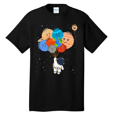 Funny Solar System Astronaut Holding Planet Balloons Pluto Tall T-Shirt