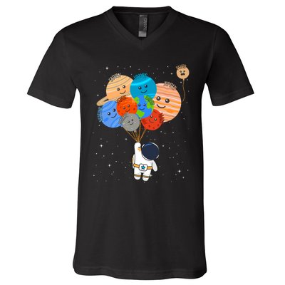 Funny Solar System Astronaut Holding Planet Balloons Pluto V-Neck T-Shirt