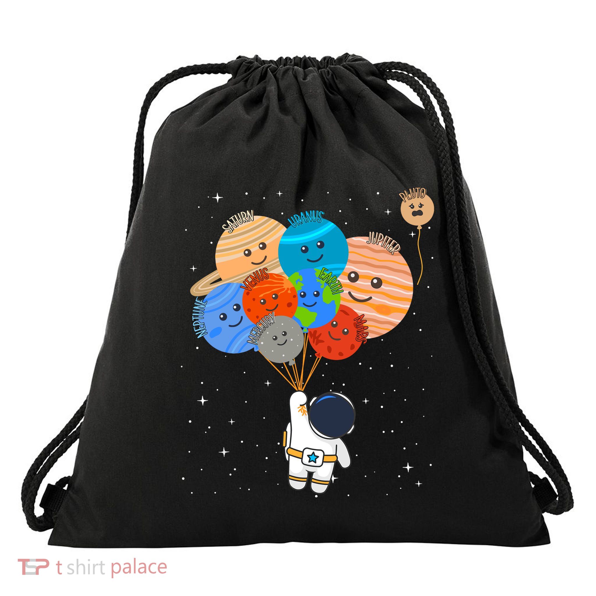 Funny Solar System Astronaut Holding Planet Balloons Pluto Drawstring Bag