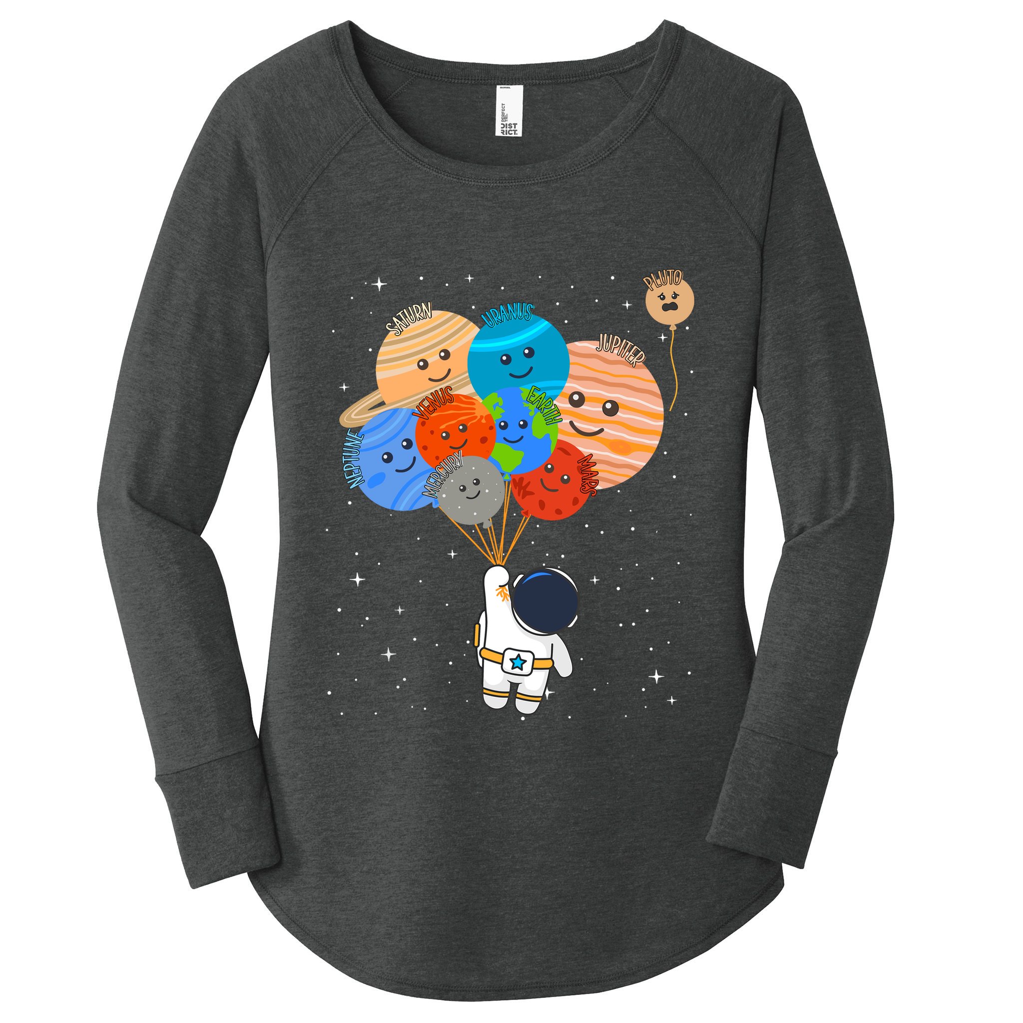 Funny Solar System Astronaut Holding Planet Balloons Pluto Women's Perfect Tri Tunic Long Sleeve Shirt
