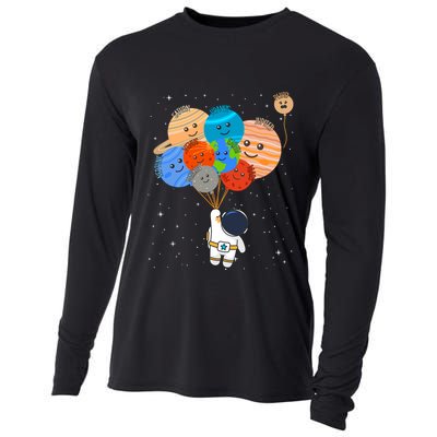Funny Solar System Astronaut Holding Planet Balloons Pluto Cooling Performance Long Sleeve Crew