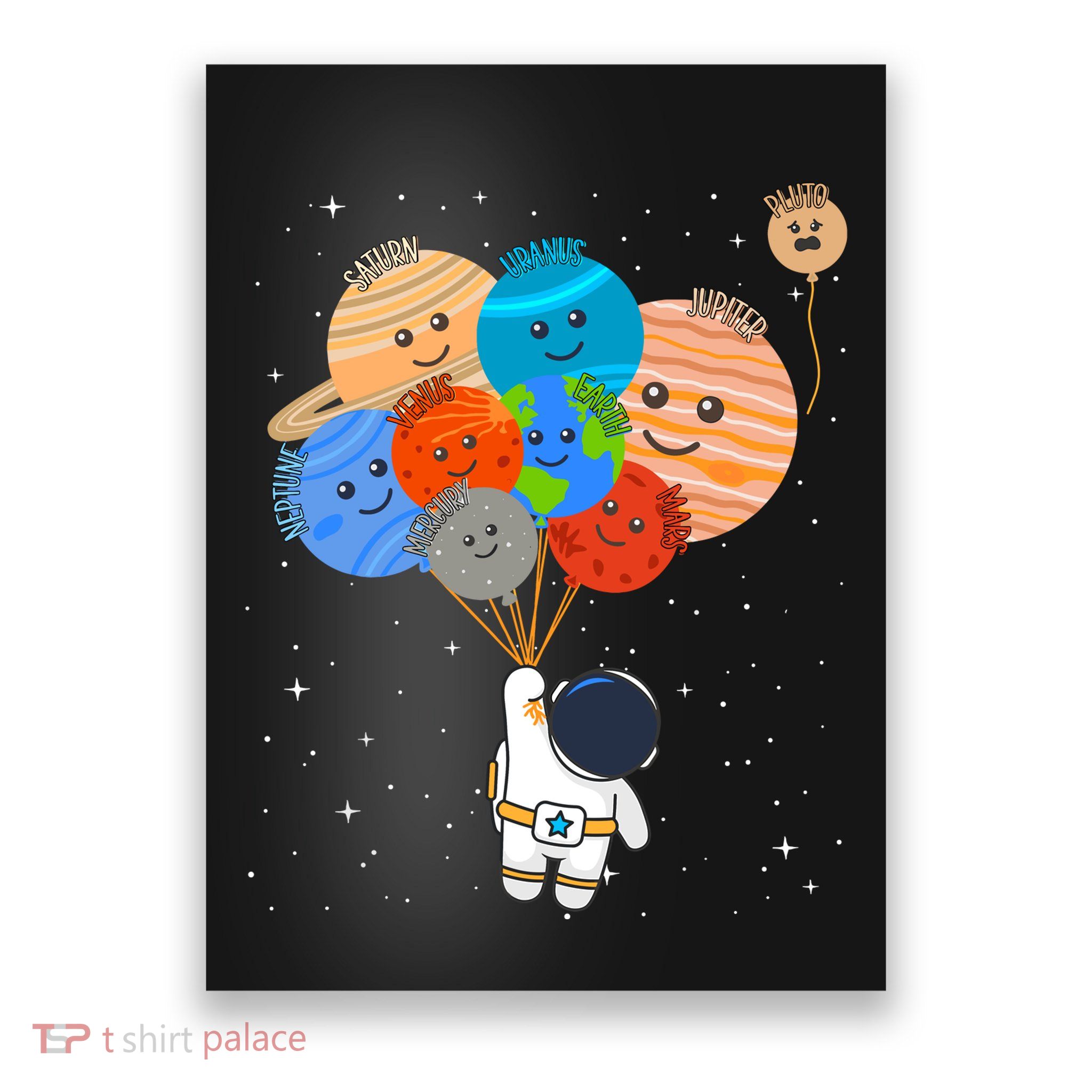 Funny Solar System Astronaut Holding Planet Balloons Pluto Poster