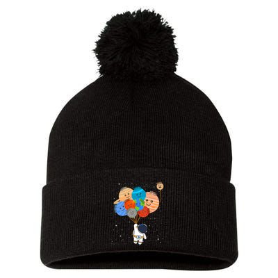 Funny Solar System Astronaut Holding Planet Balloons Pluto Pom Pom 12in Knit Beanie