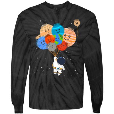 Funny Solar System Astronaut Holding Planet Balloons Pluto Tie-Dye Long Sleeve Shirt