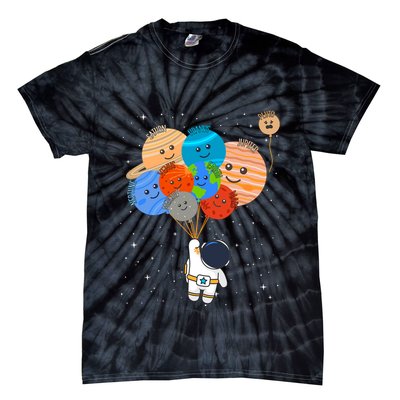 Funny Solar System Astronaut Holding Planet Balloons Pluto Tie-Dye T-Shirt