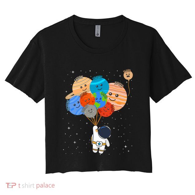Funny Solar System Astronaut Holding Planet Balloons Pluto Crop Top