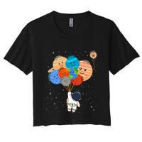 Funny Solar System Astronaut Holding Planet Balloons Pluto Women's Crop Top Tee