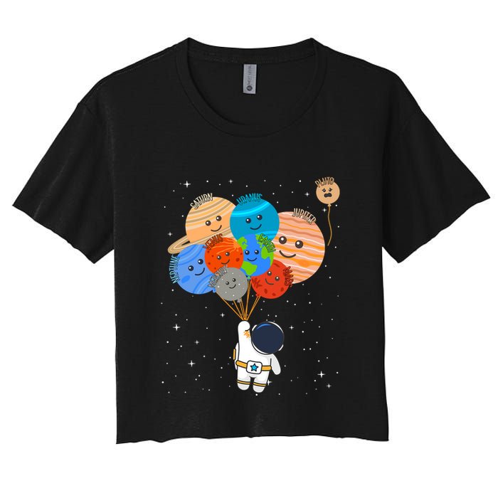 Funny Solar System Astronaut Holding Planet Balloons Pluto Women's Crop Top Tee