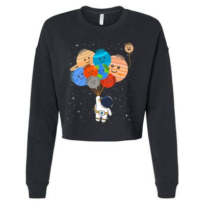 Funny Solar System Astronaut Holding Planet Balloons Pluto Cropped Pullover Crew