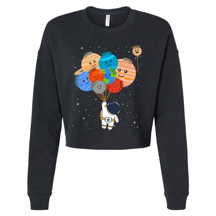 Funny Solar System Astronaut Holding Planet Balloons Pluto Cropped Pullover Crew
