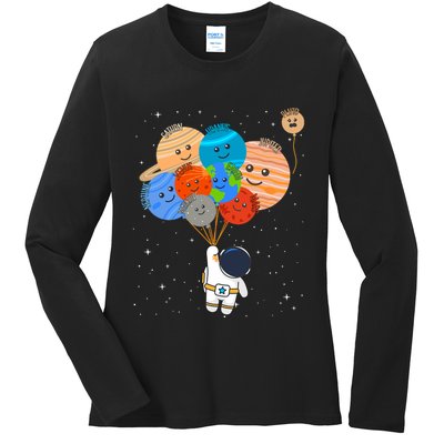 Funny Solar System Astronaut Holding Planet Balloons Pluto Ladies Long Sleeve Shirt