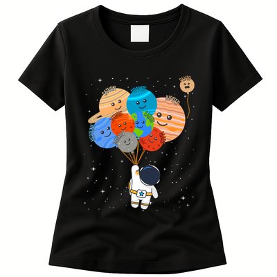 Funny Solar System Astronaut Holding Planet Balloons Pluto Womens T-Shirt