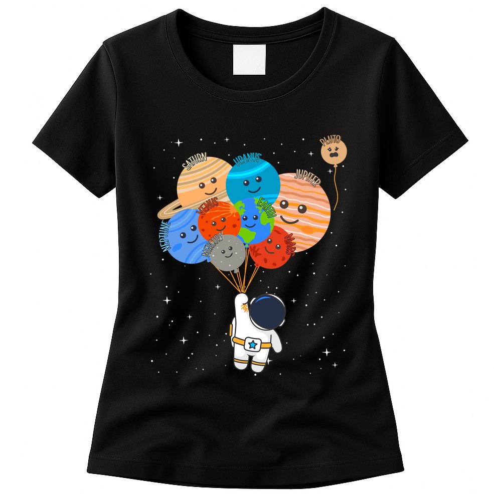 Funny Solar System Astronaut Holding Planet Balloons Pluto Womens T-Shirt
