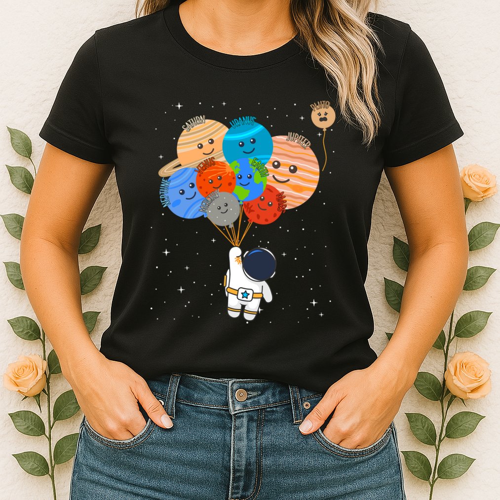 Funny Solar System Astronaut Holding Planet Balloons Pluto Womens T-Shirt