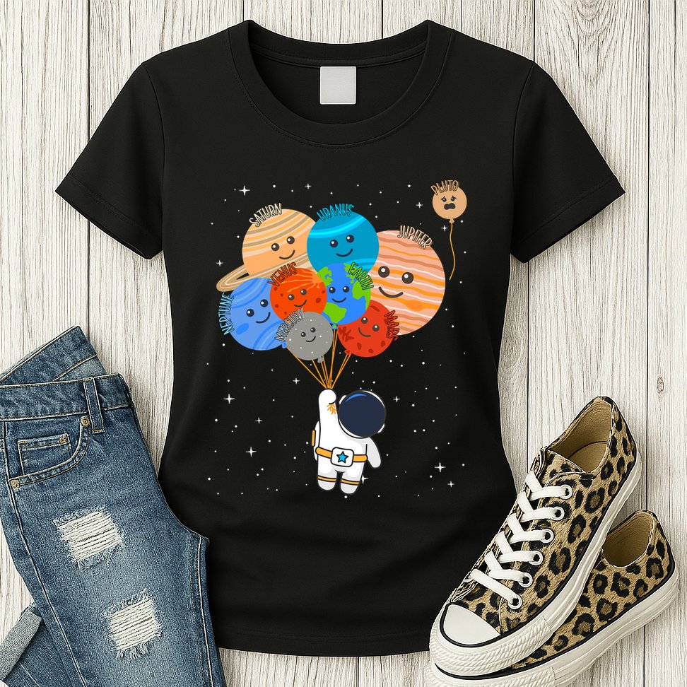 Funny Solar System Astronaut Holding Planet Balloons Pluto Womens T-Shirt