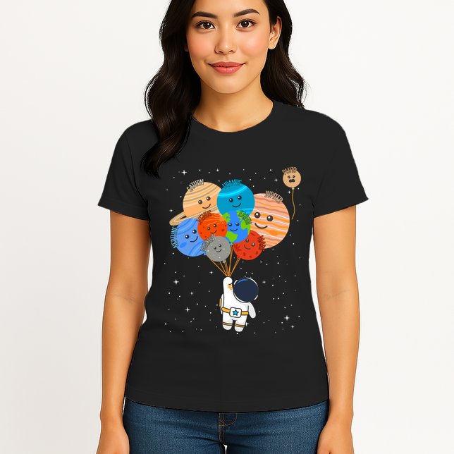 Funny Solar System Astronaut Holding Planet Balloons Pluto Womens T-Shirt