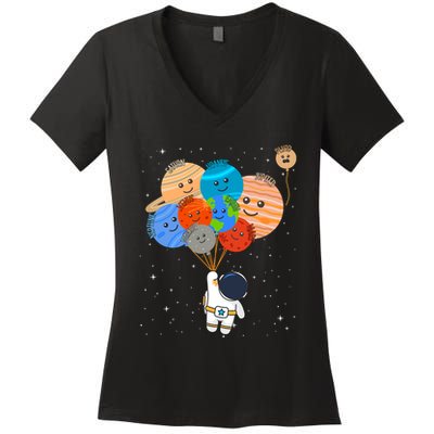Funny Solar System Astronaut Holding Planet Balloons Pluto Women's V-Neck T-Shirt