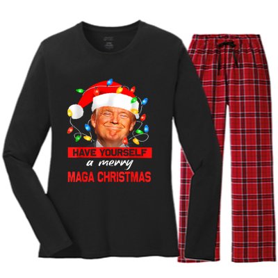 Funny Santa Trump Have Yourself A Merry Maga Christmas Xmas Women's Long Sleeve Flannel Pajama Set 