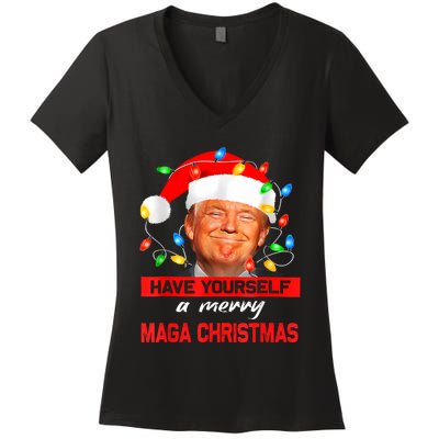 Funny Santa Trump Have Yourself A Merry Maga Christmas Xmas Women's V-Neck T-Shirt