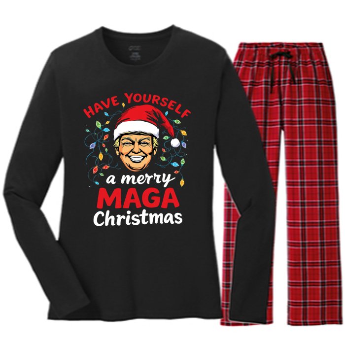 Funny Santa Trump Have Yourself A Merry Maga Christmas Xmas Women's Long Sleeve Flannel Pajama Set 