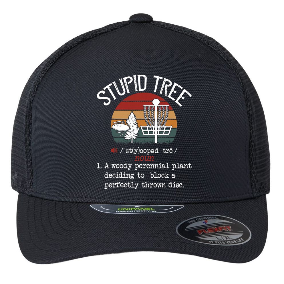 Funny Stupid Tree Disc Golf Frisbee Vintage Flexfit Unipanel Trucker Cap
