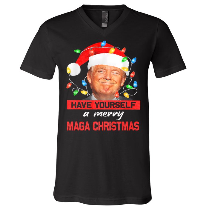 Funny Santa Trump Have Yourself A Merry Maga Christmas Xmas V-Neck T-Shirt