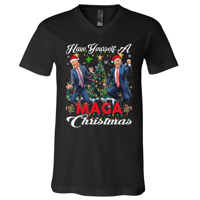 Funny Santa Trump Have Yourself A Merry Maga Christmas Xmas V-Neck T-Shirt