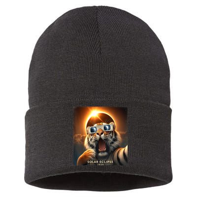 Funny Selfie Tiger Solar Eclipse Sustainable Knit Beanie