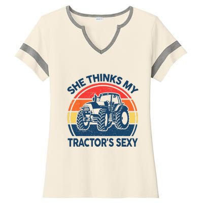 Farm She Thinks My Tractors Sexy Men Gift Funny Farmer Ladies Halftime Notch Neck Tee