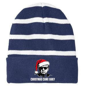 Funny Santa Trump Christmas Came Early 47th President Xmas Striped Beanie with Solid Band